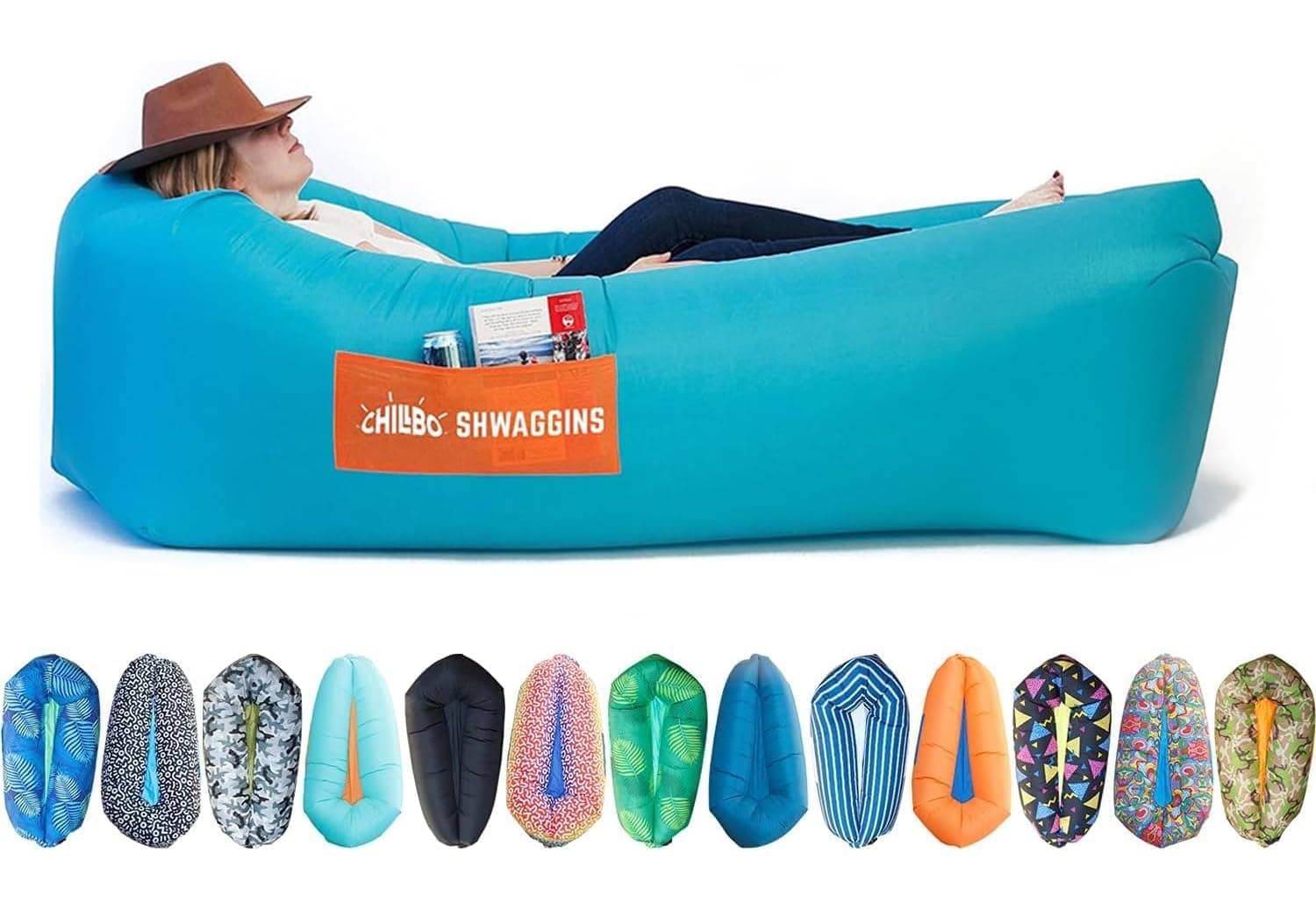 Chillbo Shwaggins Inflatable Couch – No-Pump Setup, Ripstop Polyester, Stability Pegs, Fun Prints, Portable Air Lounger for Beach, Camping, Festivals, and Tailgating - Turquoise