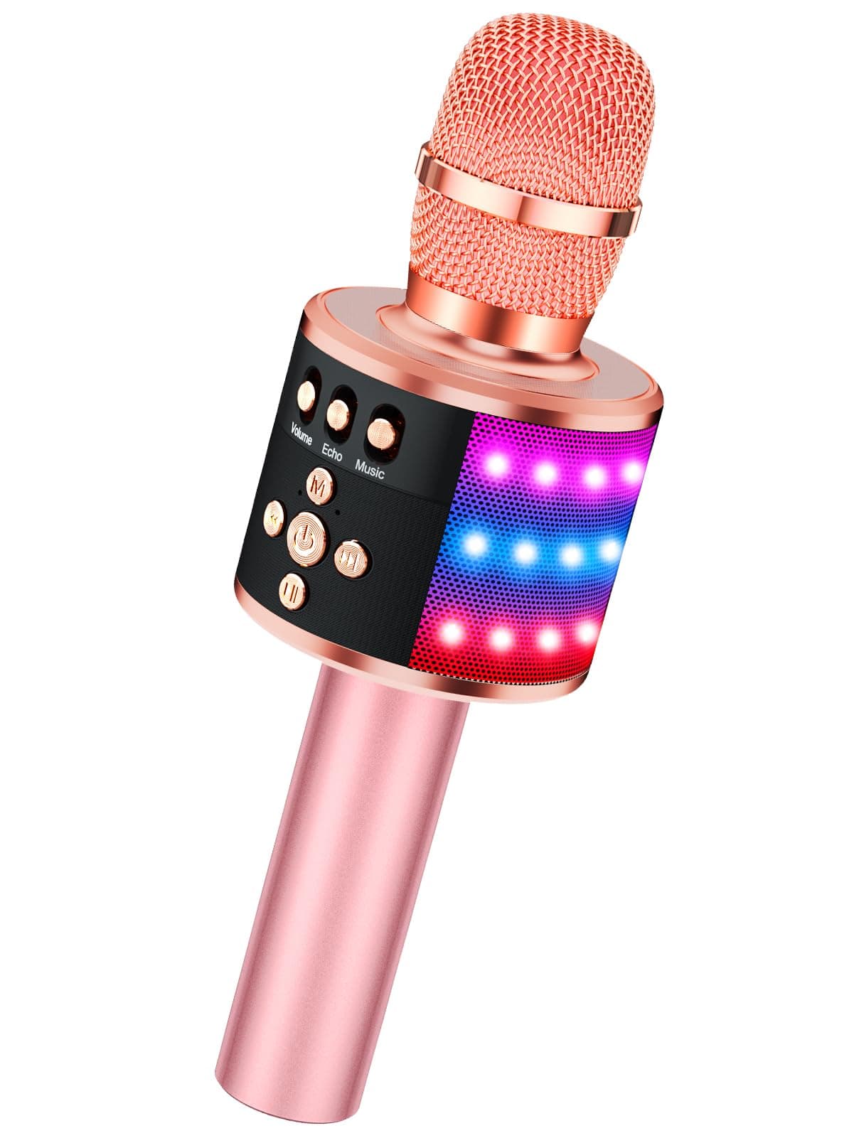BONAOK Wireless Bluetooth Karaoke Microphone with Controllable LED Lights Portable Handheld Karaoke Speaker Machine Christmas Birthday Home Party for Android/iPhone/PC or All Smartphone(Q78Rose Gold)