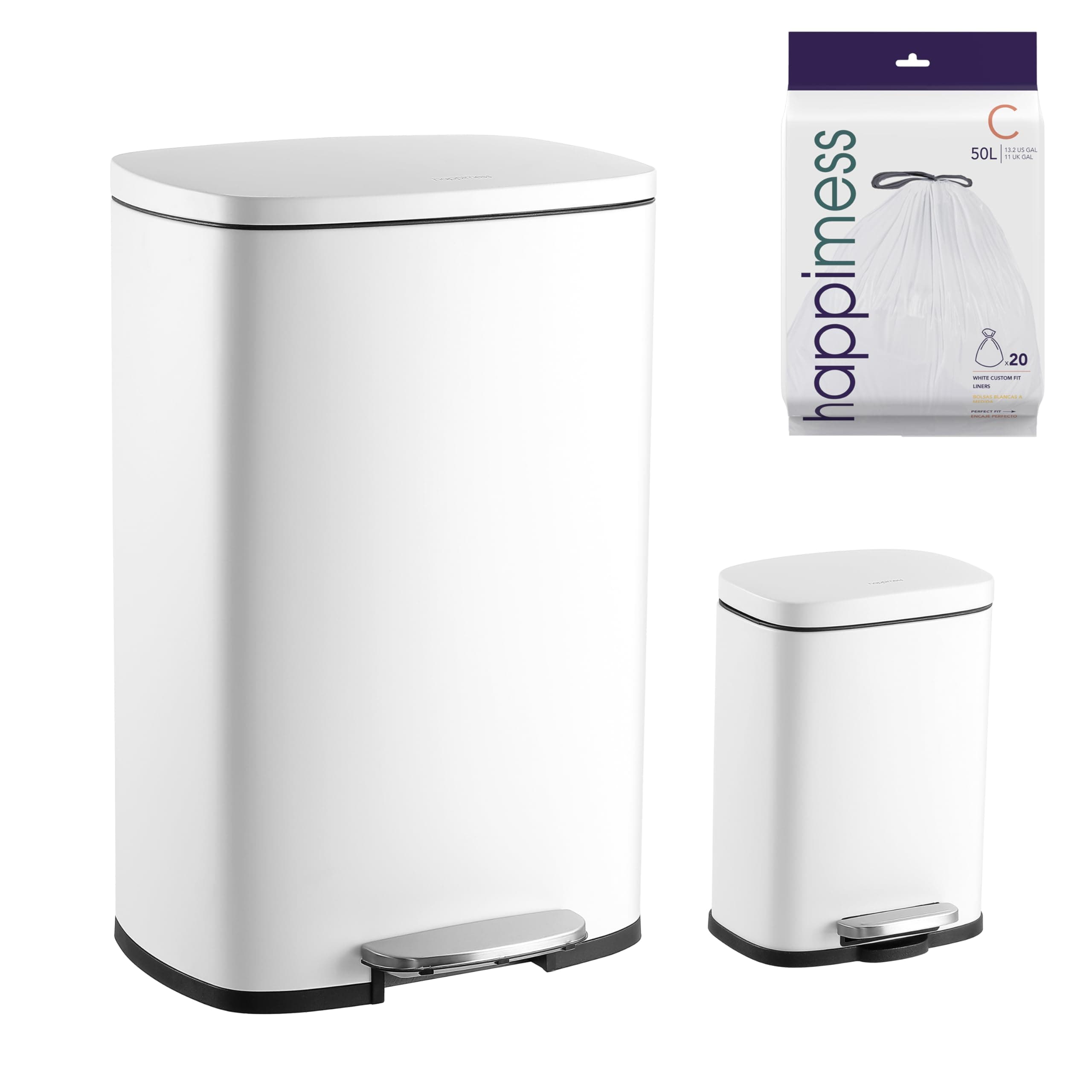 happimess HPM1006C Connor Rectangular Trash Can with Soft-Close Lid and Free Mini Trash Can, Modern Fingerprint Proof for Home, Kitchen, Office, Large:12.98 Gallon Small:1.3 Gallon, White