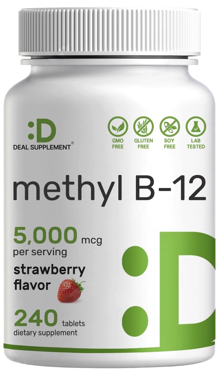 DEAL SUPPLEMENT Methyl B-12 Vitamins 5000 mcg, 240 Chewable Tablets | Active Form - Strawberry Flavored - Energy Support & Brain Health Function - Vegetarian & GMO Free