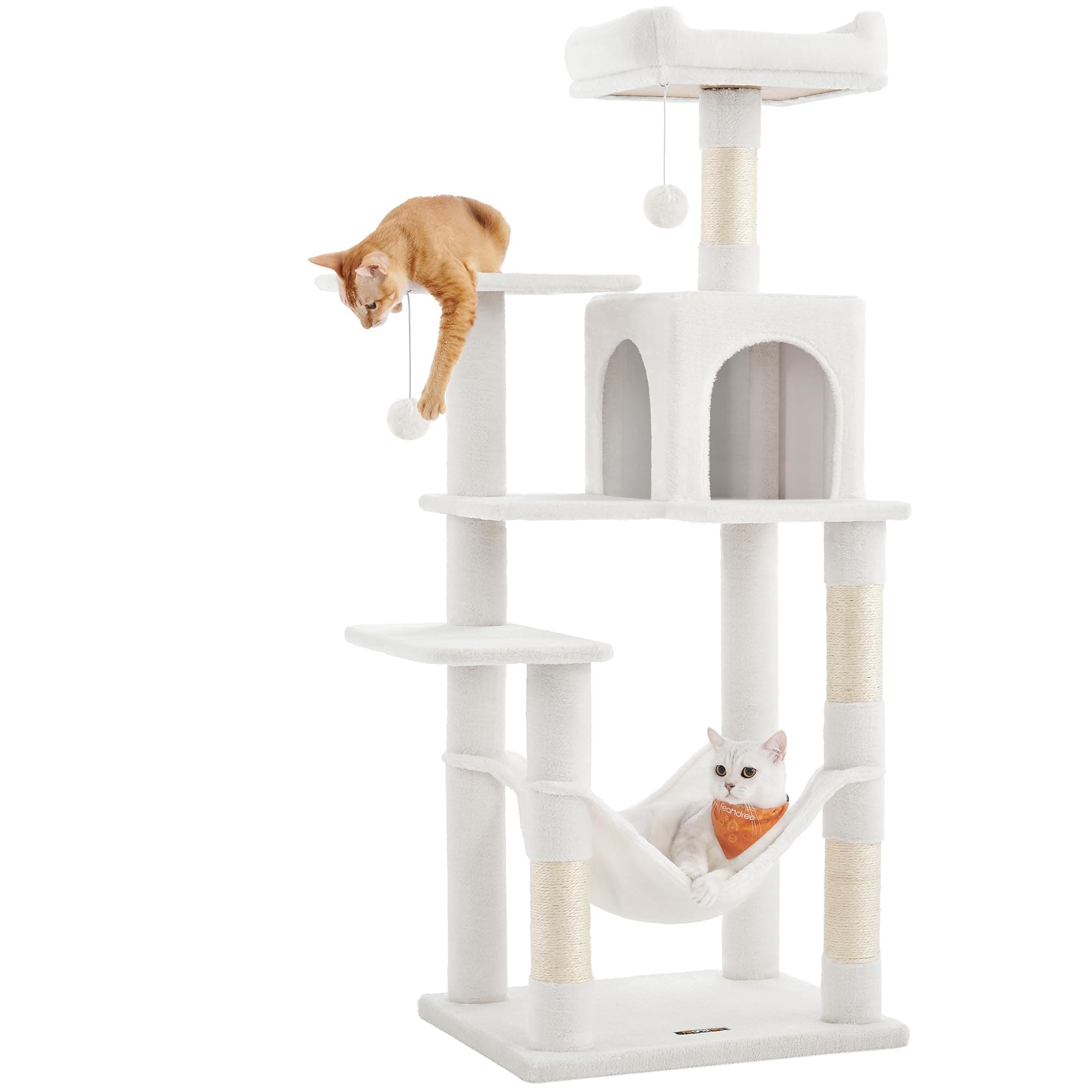 Feandrea Cat Tree, 55.1-Inch Cat Tower, Plush Multi-Level Condo with 4 Scratching Posts, 2 Perches, Hammock, Cave, Cream White UPCT161T01