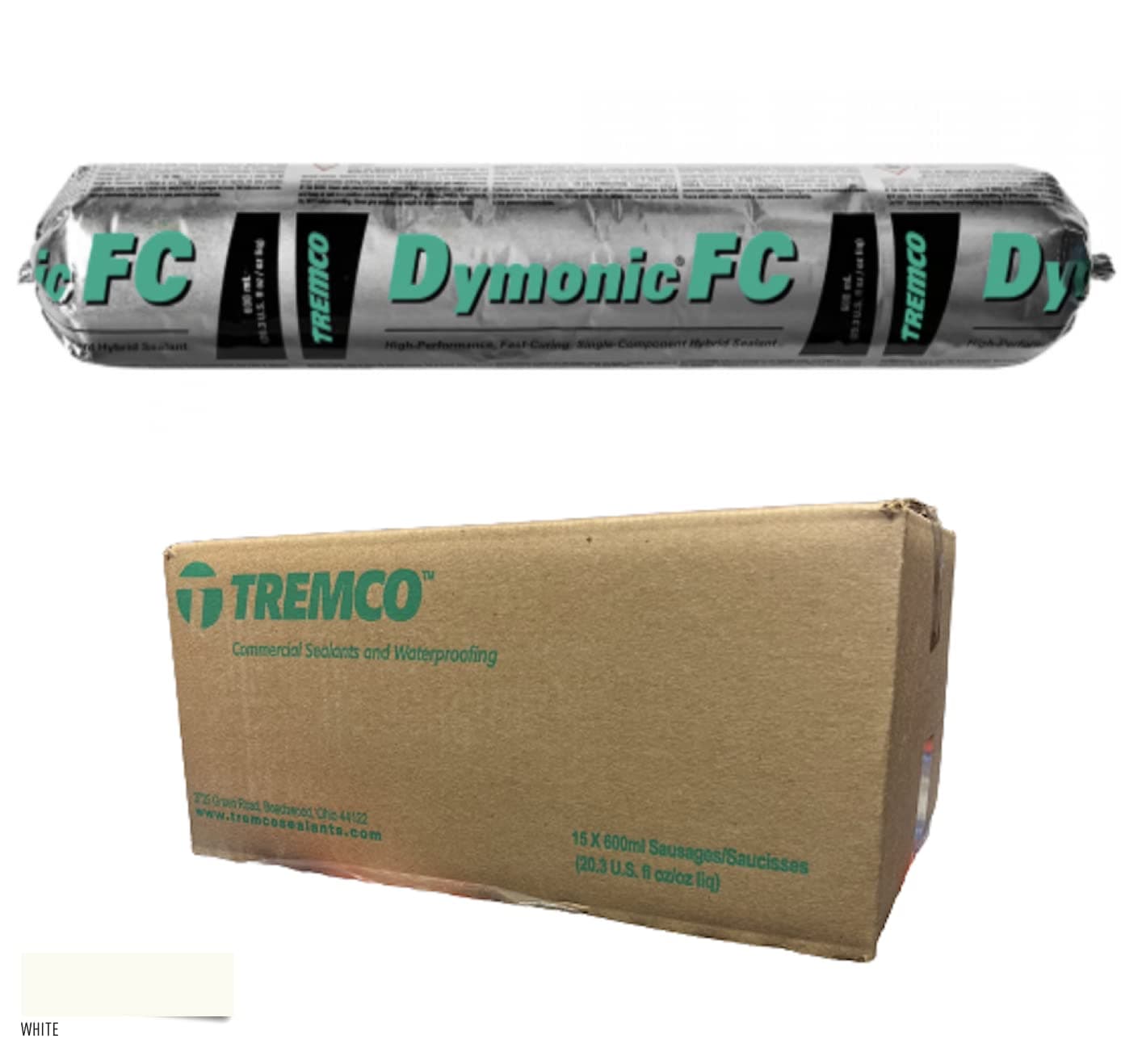 Tremco White Dymonic FC High-Performance, Fast-Curing, Single-Component, Hybrid Sealant 20.3 fl/oz Sausages (960806-385), Case of 15