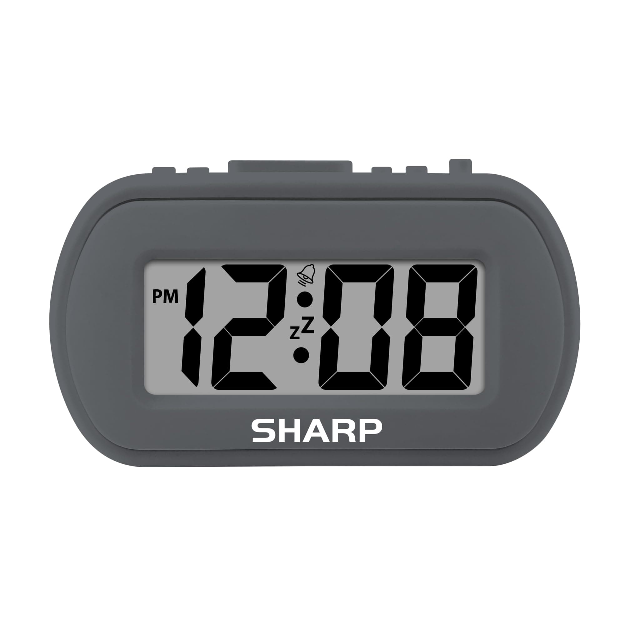 SHARP Digital Alarm Clock – Tactile Case with Soft Rubberized Finish - Battery Operated – Blue Backlight on Demand – Ascending Alarm – Easy to Use – Charcoal Black