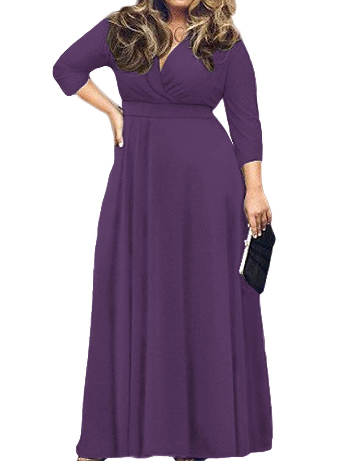 POSESHE Women's Solid V-Neck 3/4 Sleeve Plus Size Evening Party Maxi Dress