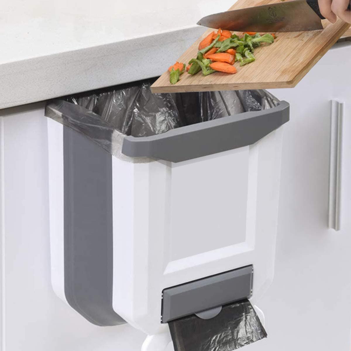 Kitchen Bin Plastic Folding Wall Mounted for Cupboard Door Hanging Trash Can 8L (White)