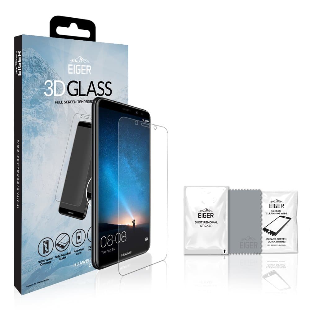 EIGER Huawei Mate 10 Premium Tempered Curved Glass Screen Protector, Including Cleaning Kit (Japanese Asahi Glass, Case-Compatible) for Huawei P10, 9H Hardness, 0.33 mm