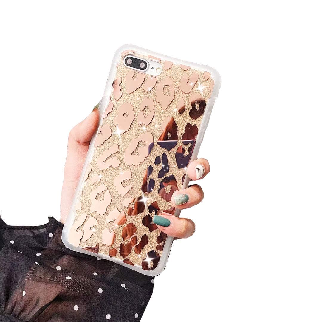 Leopard Case Compatible with iPhone 8 Plus and iPhone 7 Plus,Shiny Rose Gold Glitter Case Ultra Thin Luxury Sparkle Bling Phone Case Hard Back + Soft Silicone Side Cover 5.5 inch