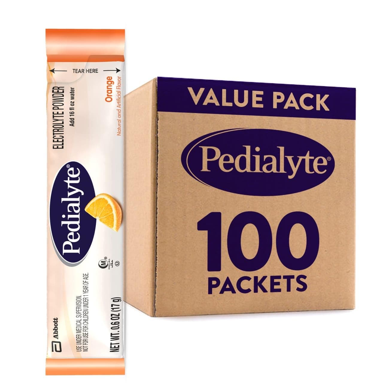 Pedialyte Electrolyte Powder Packets, Orange, Hydration Drink, 100 Single-Serving Powder Packets