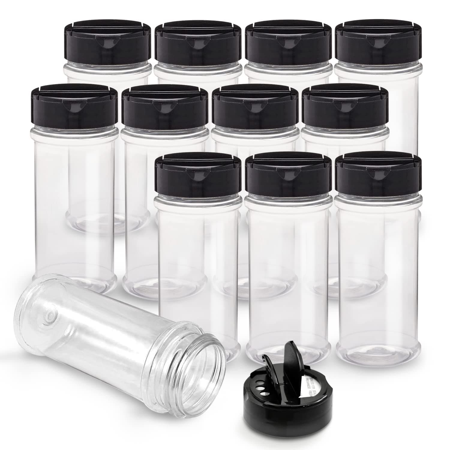 SALUSWARE - 12 PACK - 5.5 Oz with Black Cap - Plastic Spice Jars Bottles Containers – Perfect for Storing Spice, Herbs and Powders – Lined Cap - Safe Plastic – PET - BPA free - Made in the USA