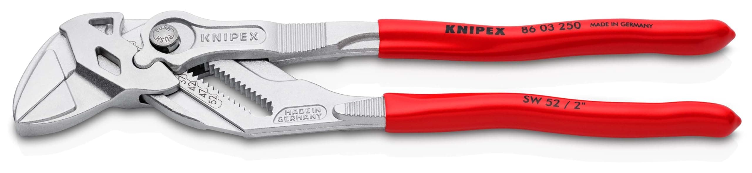 KNIPEX Pliers Wrench, Chrome-Plated, 250 mm, Grips Continuously up to 52 mm, Fine Adjustment by Button Push, Adjustable Wrench, 86 03 250
