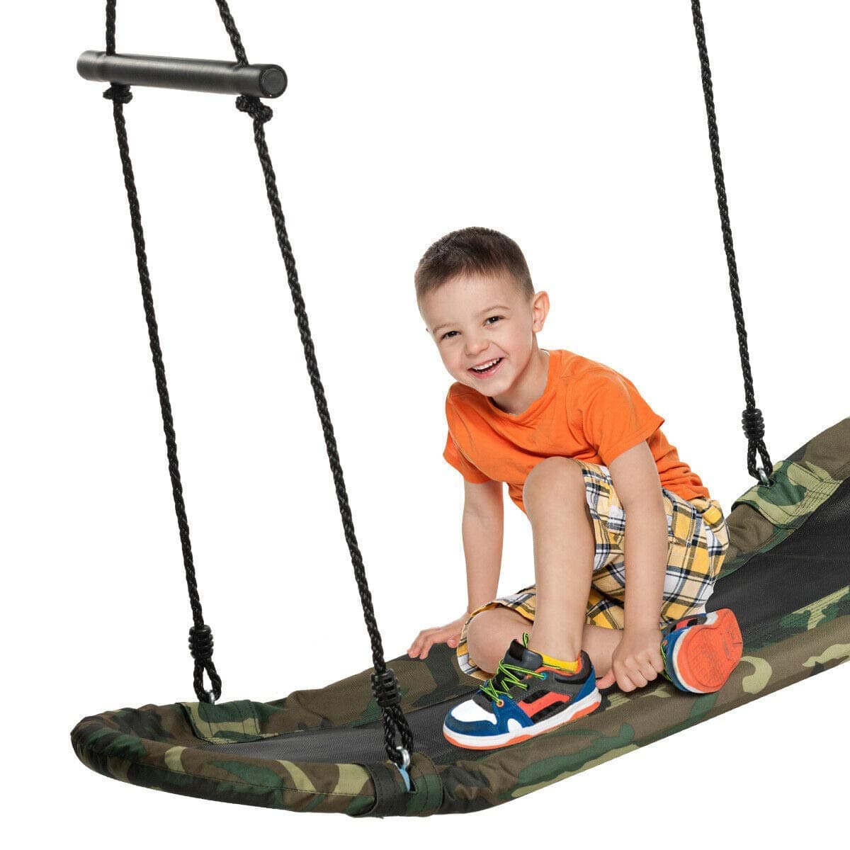 Skycurve Platform Tree Swing, Surfing Rectangle Swing with Handles, Height Adjustable Hanging Ropes, Soft Padded Edge, Outdoor Playset for Kids, Adults, Backyard Camo Green