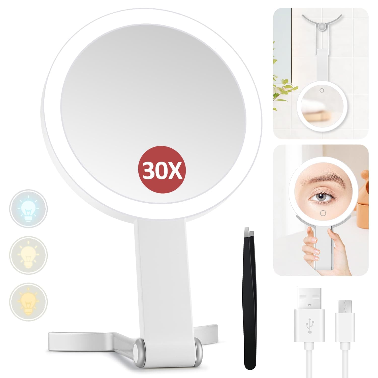 - MIYADIVA Lighted Makeup Mirror, 30X Magnifying Mirror with Light and Adjustable Brightness, Hanging and Handheld Mirror with Handle, Portable Travel Makeup Mirror with Lights, Vanity Mirrors for Women