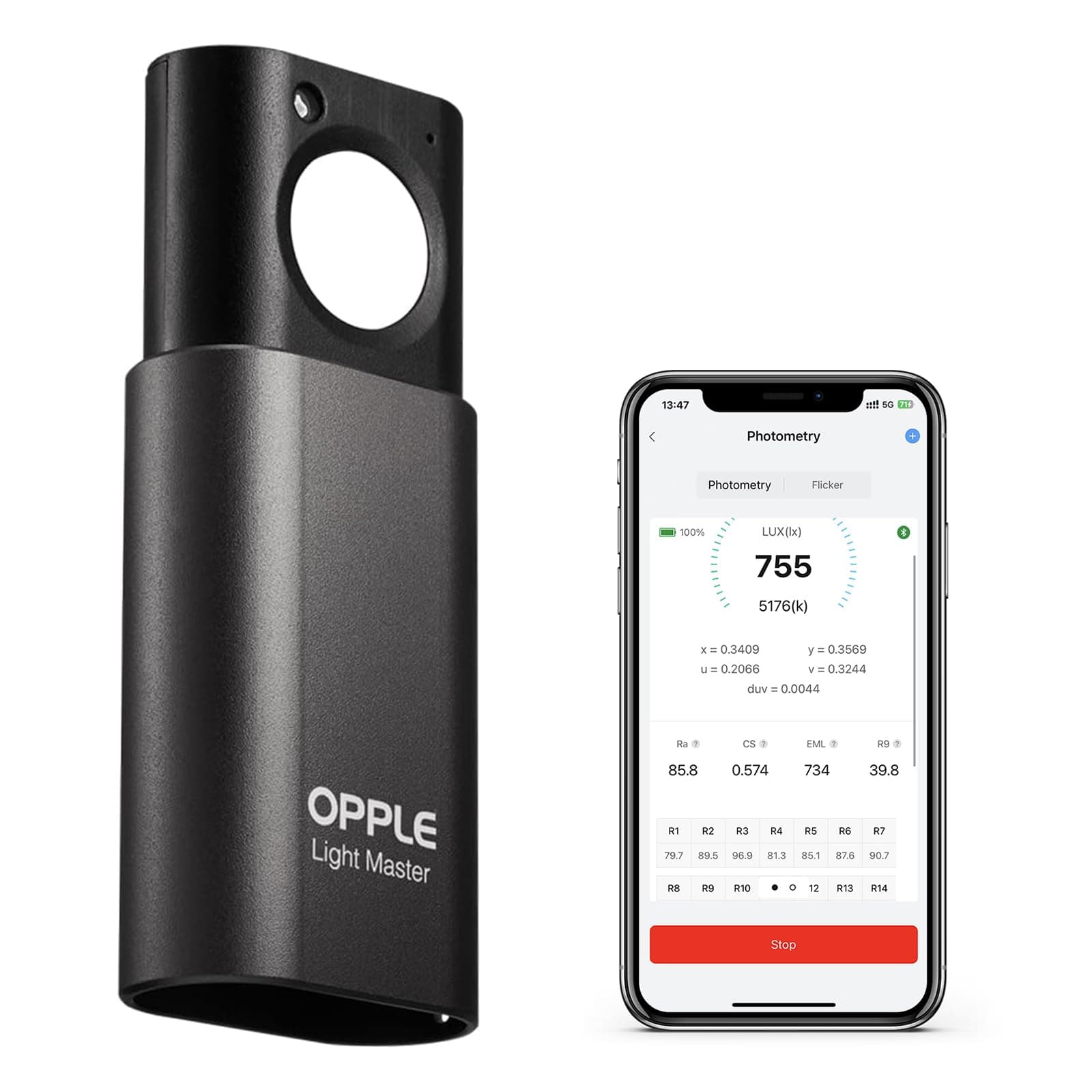 Opple Light Master 4 Meter, Digital Meter Lux Illuminometer Motion Sensor Bluetooth App Led Lighting Tester For Cct Cri Flicker Duv Measurement Rechargeable With Type-C