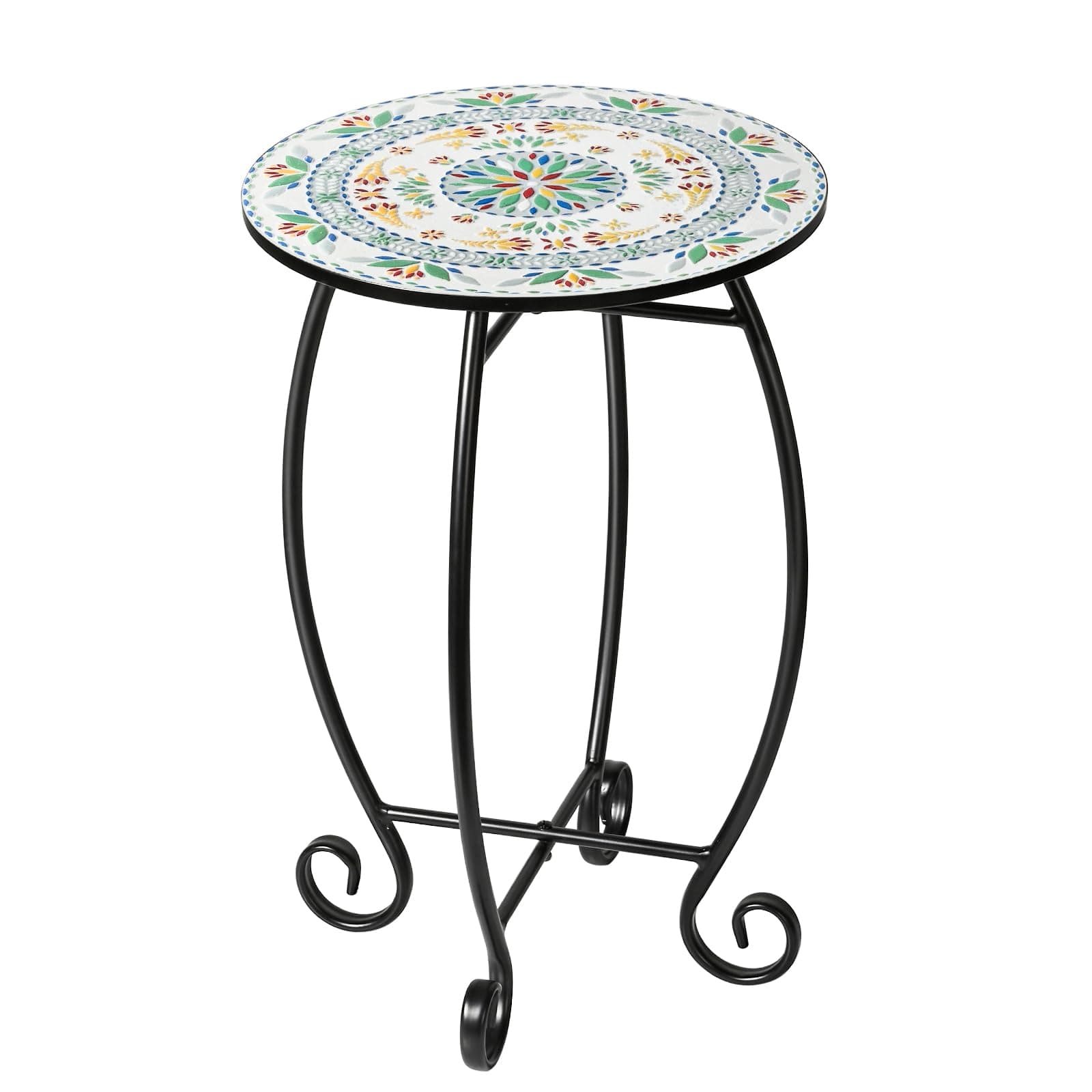 𝐒𝐢𝐝𝐞 𝐓𝐚𝐛𝐥𝐞, 14" Round End Table, Unique Relief Ceramic Tile Tabletop with Metal Frame, Metal Scrollwork Accent Table, Coffee Tea Table Nightstand for Living Room, Bedroom, Indoor Outdoor Use
