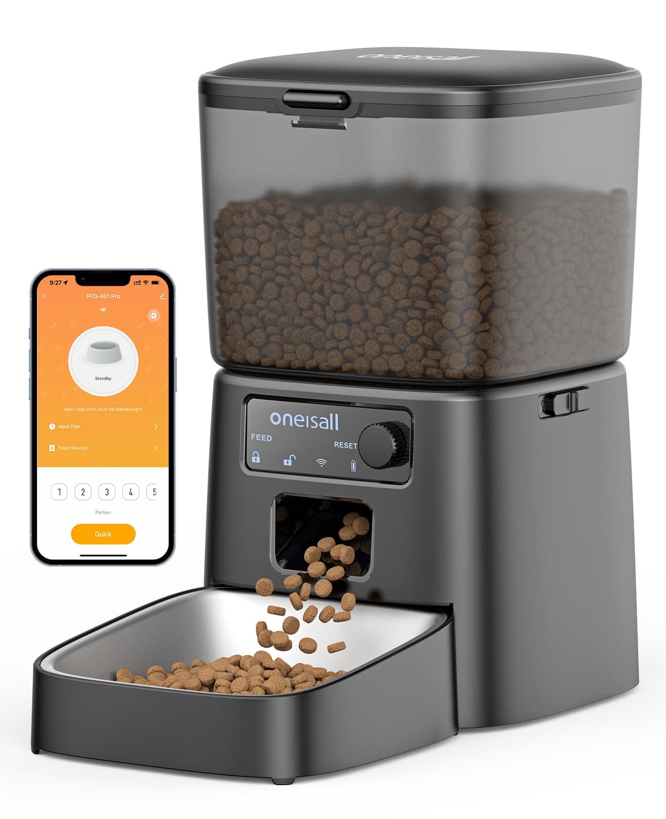 oneisall 3.5L Automatic Cat Feeder with WiFi App Control, Smart Pet Food Dispenser with Timer, Stainless Steel Bowl, Portion Control for Cats & Small Dogs Indoor (Black)