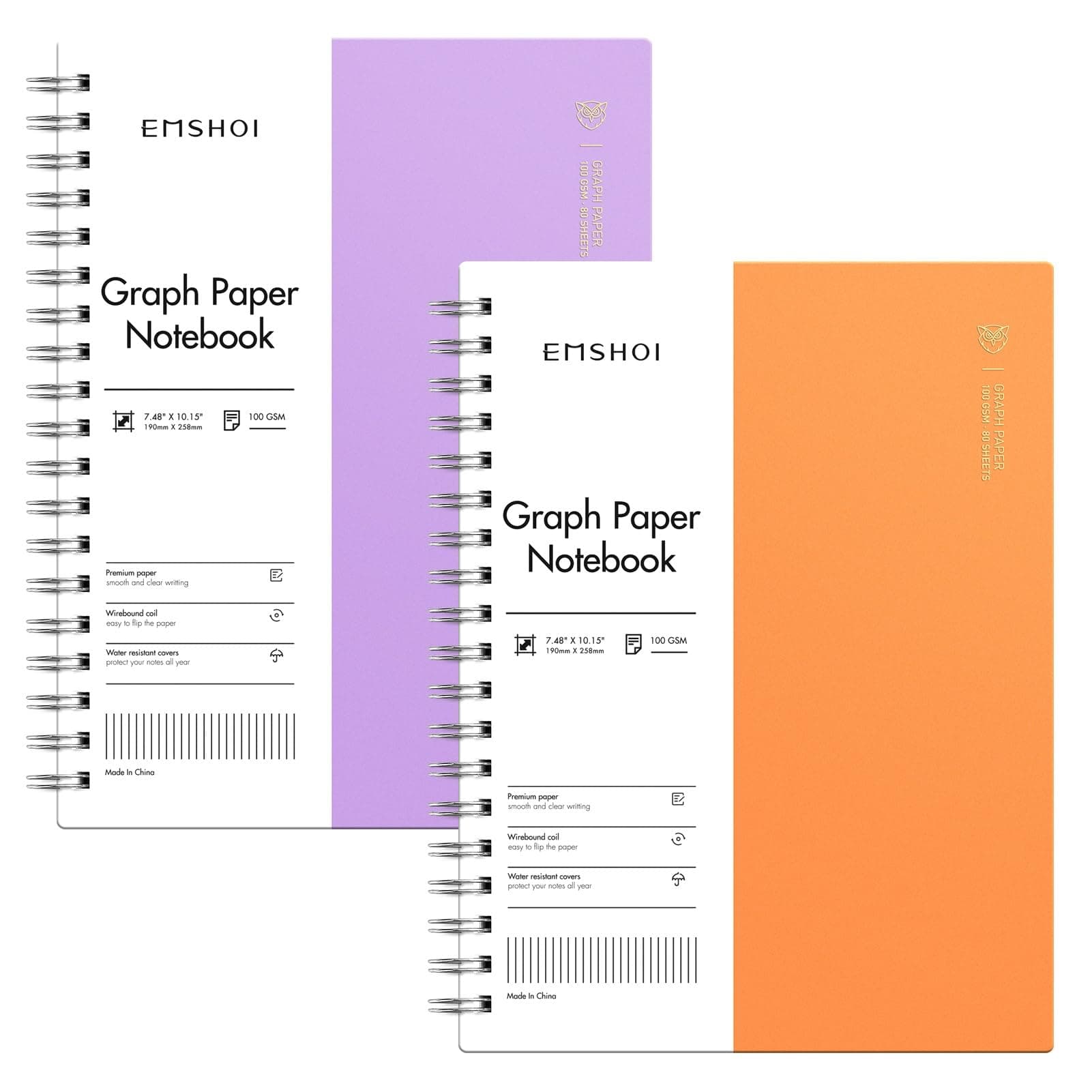 EMSHOI Notebook, 2 Pack B5 Large 160p 100gsm Graph Grid Journal with Sticky Notes, Plastic Hardcover, Purple, Orange