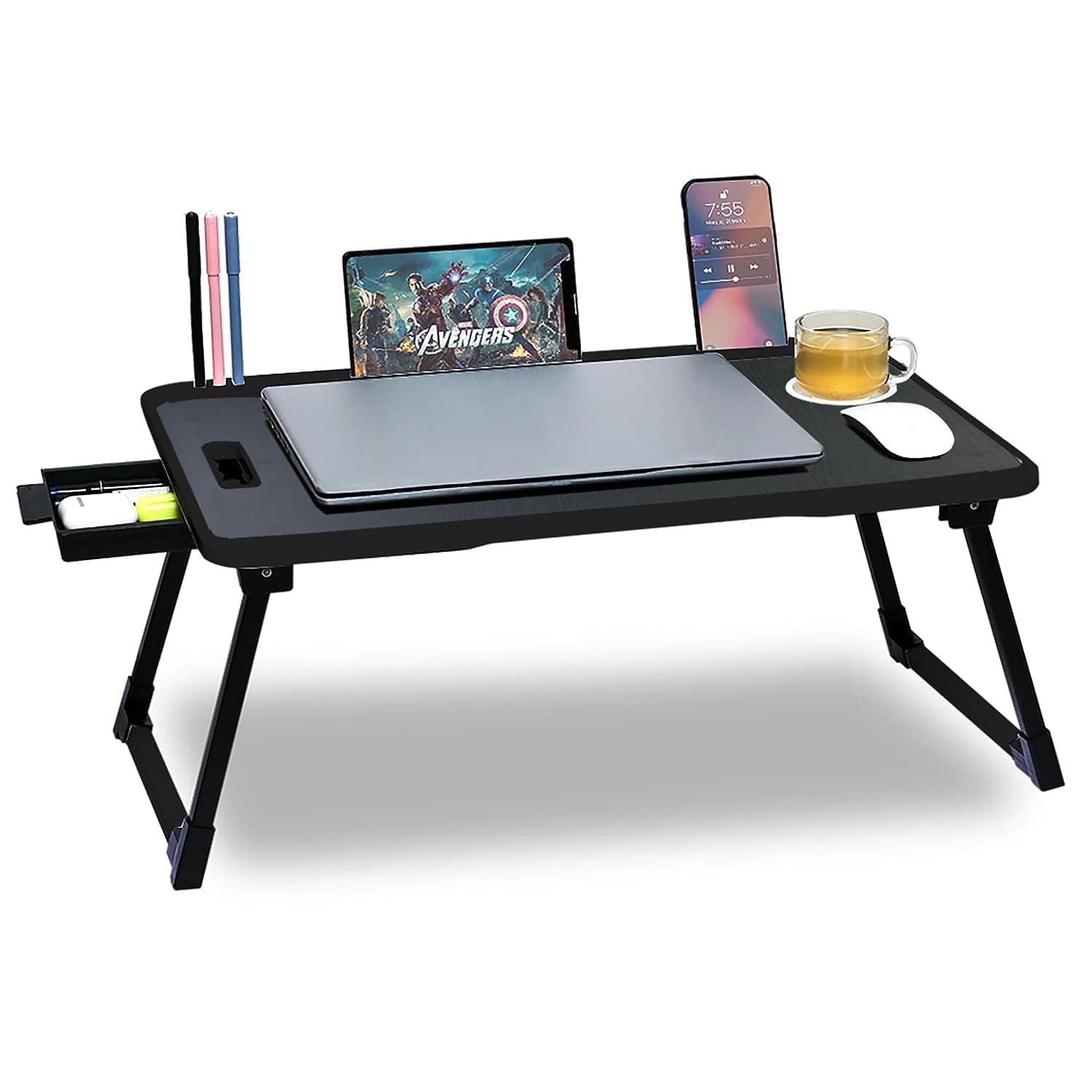KHODAL ARTH Engineered Wood Sunny 'Foldable Bed Study Table Portable Multifunction Lapt Lapdesk Children Bed Foldabe Table Work Office Home with Tablet Slot&Cup Holder Study Table (Black Flower),60 Cm