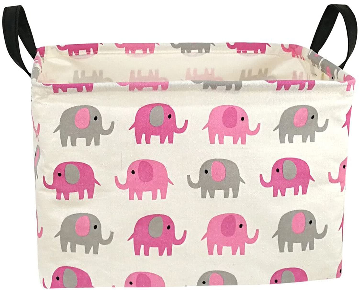 Elephant Print Rectangular Storage Bin Shelf Basket Canvas Fabric Toy Box,Waterproof Coating Nursery Hamper with Handles,Gift Basket for Home,Office,Clothes,Books(pink grey elephant)