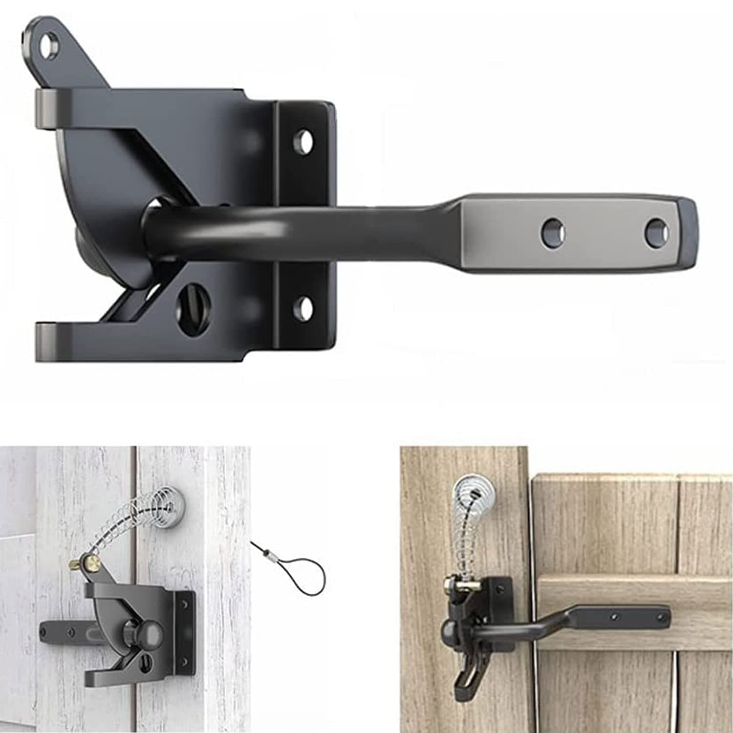 Excefore Upgrade Self-Locking Gate Latch Heavy Duty Automatic Gate Latch with Cable Pull Gate Opener for Wooden Fences Metal Gates Vinyl Fence, Dog Door Latches Gravity Security Latch (Black)