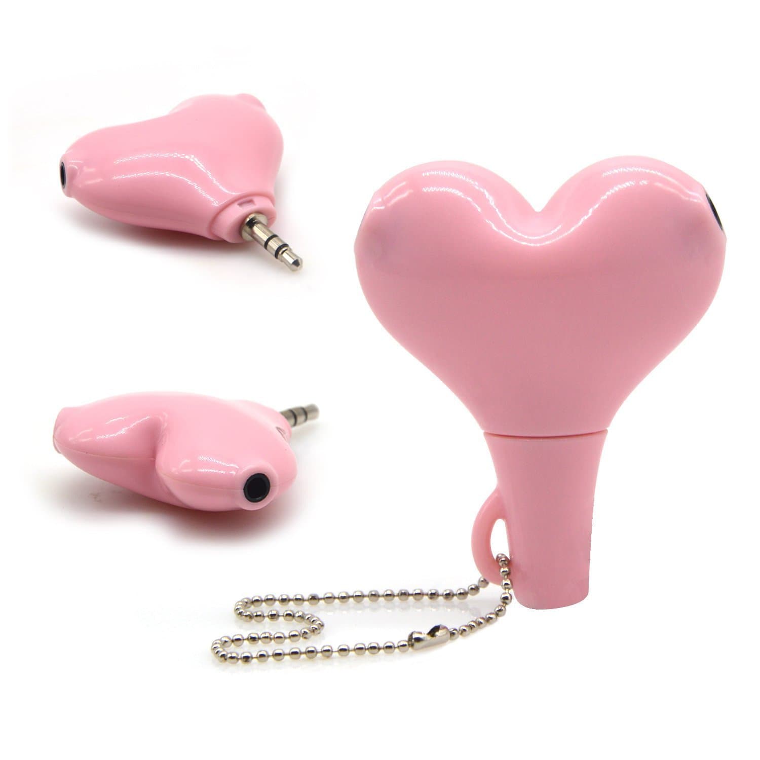 XmanxMulti Function 2-Way Heart Shaped Headphone Splitter 3.5mm Jack Plug Keychain (Pink)