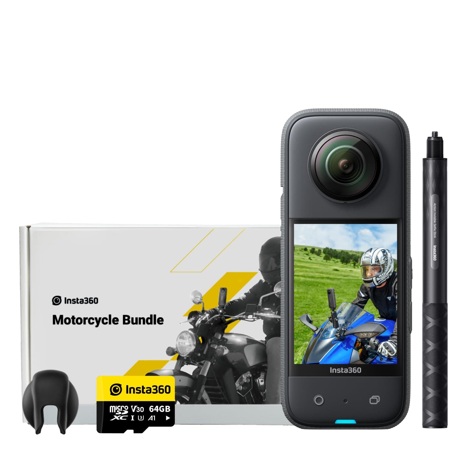 Insta360 X3 Motorcycle Bundle - Waterproof 360° Action Camera with 1/2 Inch Sensor, 5.7K 360°, 72MP 360° Photos, Stabilization, 2.29 Inch Touch Screen, Vibration Feedback, AI Editing, Live Streaming