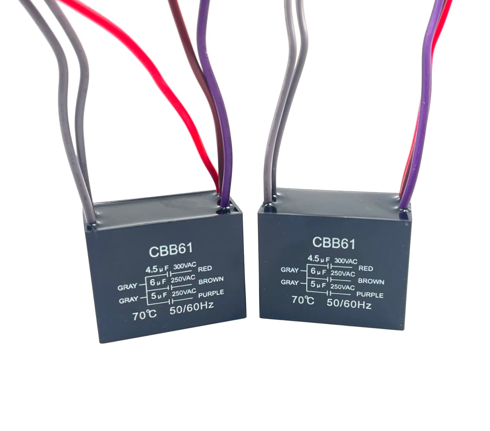 New 5 Wire Ceiling Fan Capacitor Replacement for New Tech CBB61, 250VAC 50/60 Hz, 4.5uf+6uf+5uf, 2Pcs