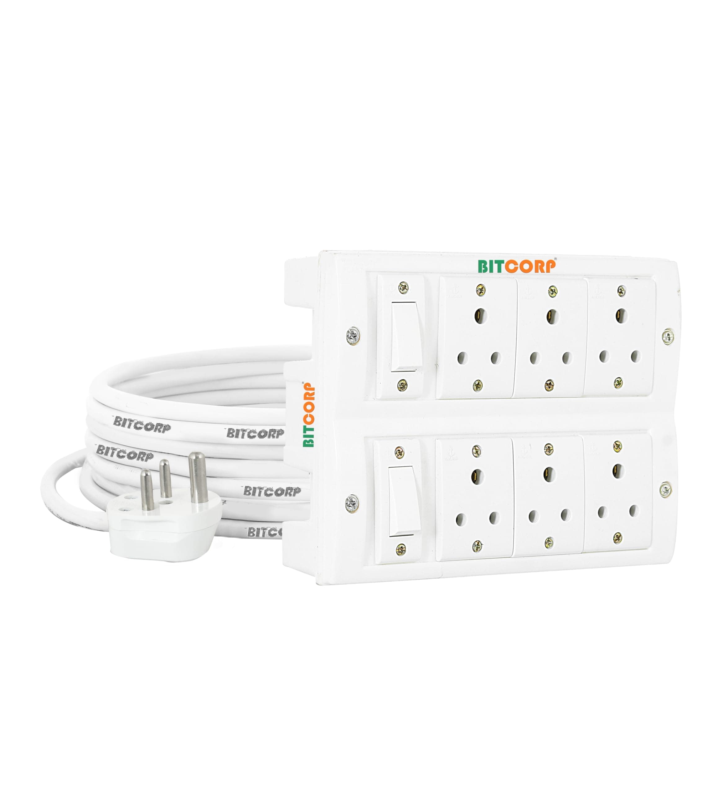 BITCORPSafe-Ex 6 Socket, 6 Switch 6 A 2 Meter Wire Extension Polycarbonate Board (White)