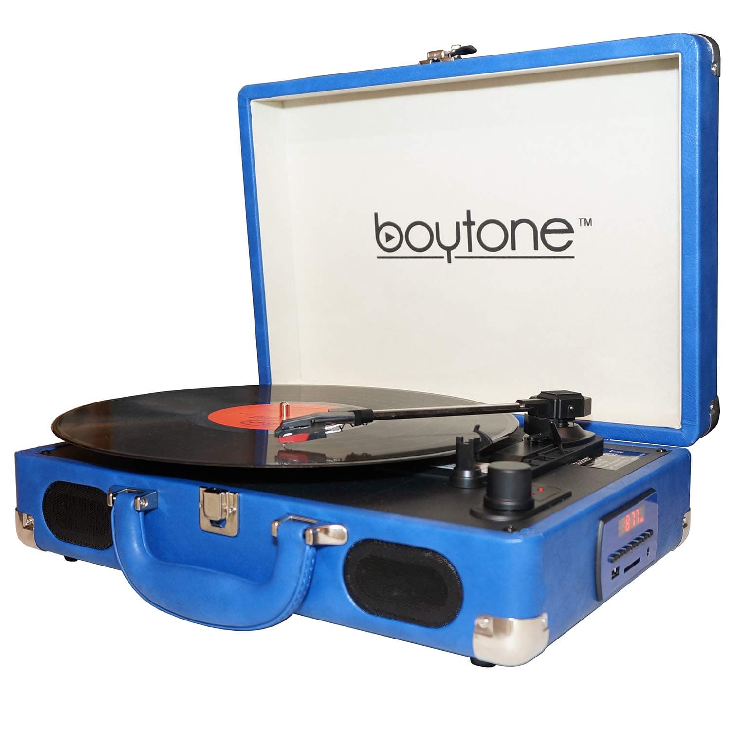 Boytone BT-101BL Bluetooth Turntable Briefcase Record Player AC-DC, Built in Rechargeable Battery, 2 Stereo Speakers 3-Speed, LCD Display, FM Radio, USB/SD,RCA, AUX / MP3, Encoding, 110/220 Volt.