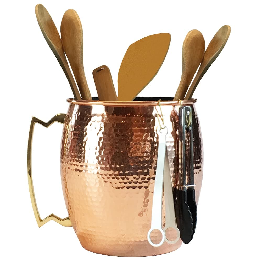 Hammered Copper Kitchen Utensil Holder (Solid not plated) - Large Utensil Crock with 10 Hooks (7.5 W by 8.27 H inches) - Copper Kitchen Decor Item