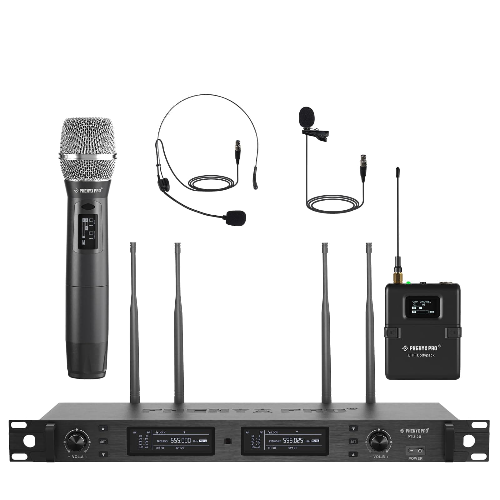 – Wireless Microphone System, True Diversity Dual Cordless Microphone Set w/UHF Handheld/Bodypack/Headset/Lapel Mics, Auto Scan, 2x1000 Channels for Stage & Studio (PTU-2U-1H1B)