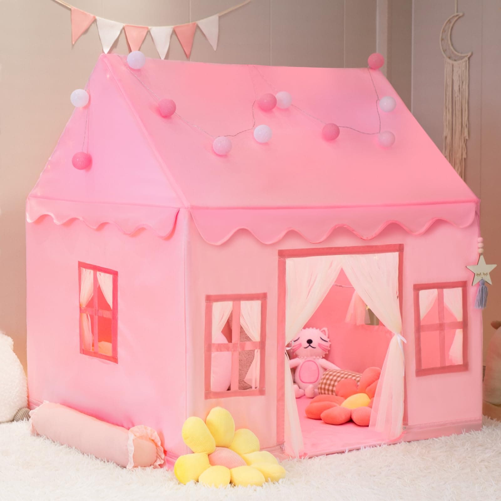 RONGFA Large Kids Tent Playhouse Padded Mat with Star Lights, Flags and Tote Bags, Play Tent Indoor & Outdoor, Washable Teepee Tent for Boys & Girls, Kids Play House for Toddler（Pink）