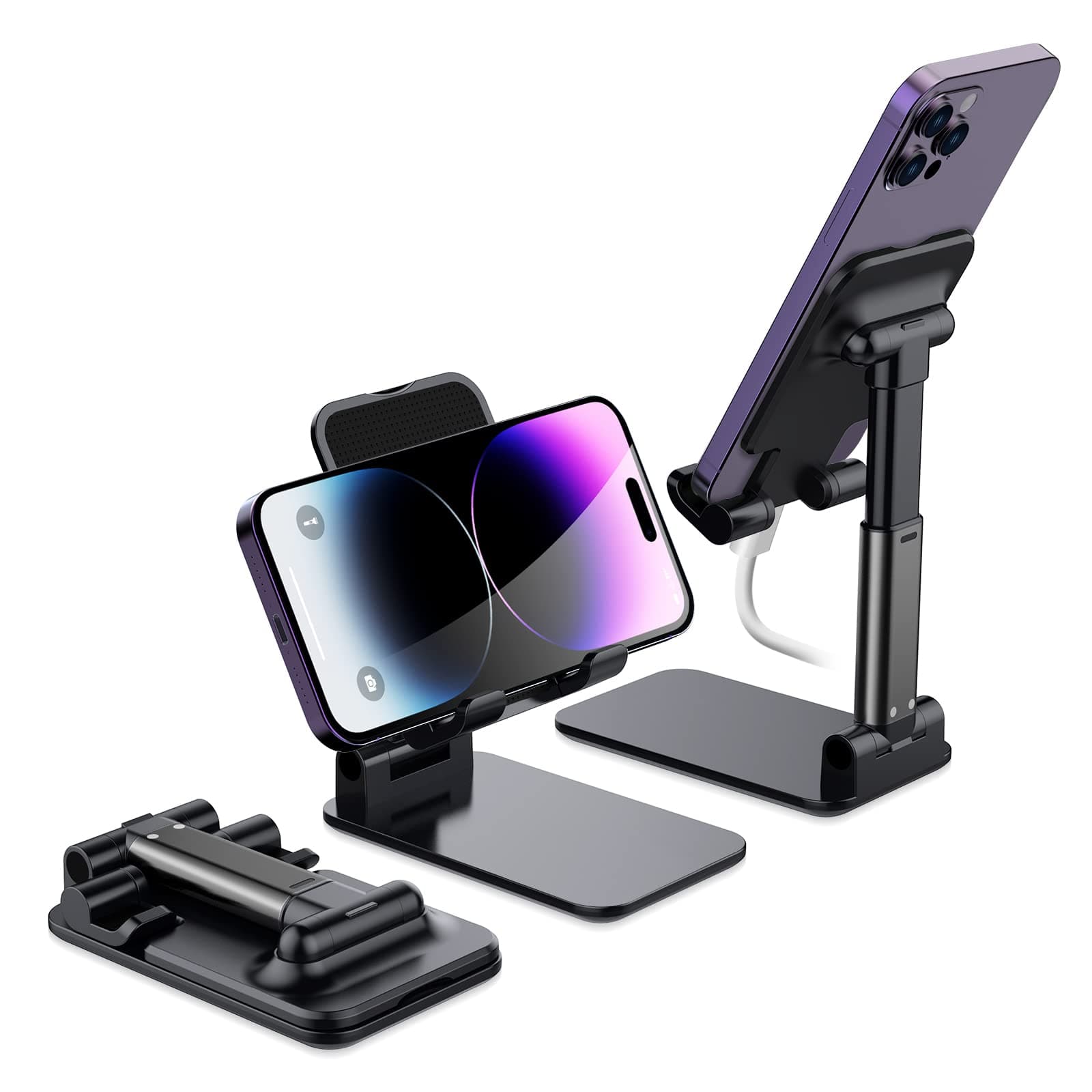 Yoozon Cell Phone Stand for Desk - Fully Foldable & Height Adjustable Cellphone Stand Holder,Portable iPhone Dock Cardle for iPhone 15 Pro Max Plus,for Samsung Galaxy,Kindle,Smartphones (4-10”),Black