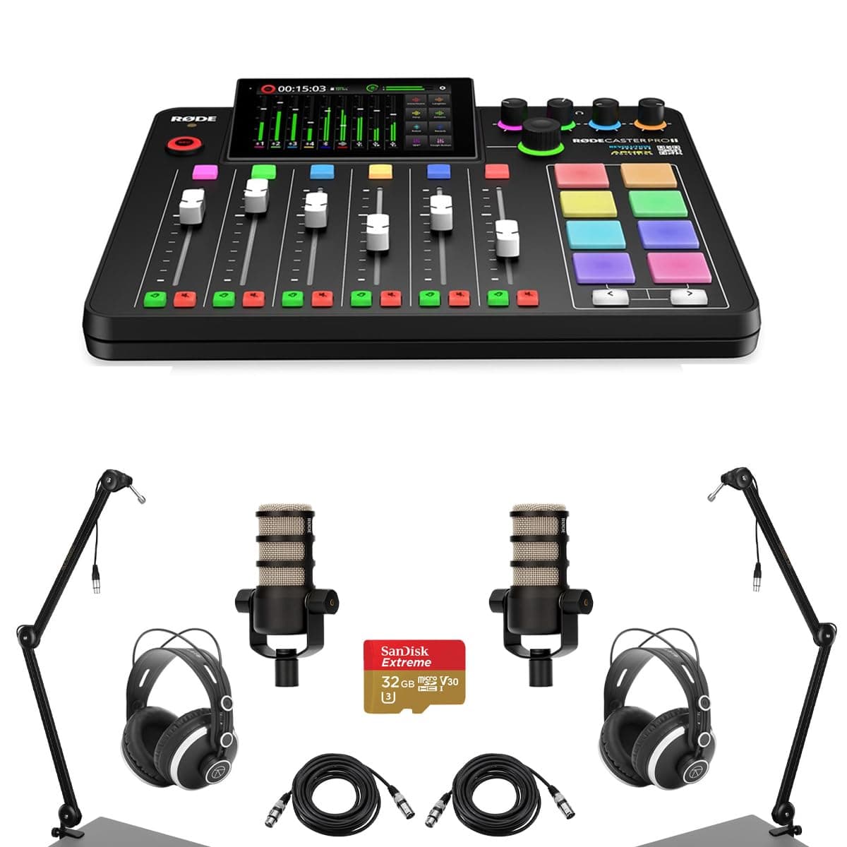 Rode RODECaster Pro II Integrated Audio Production Studio Console Bundle with 2x PodMic Microphone, TAPH500 Headphones, Broadcast Arm, M to F XLR Cable, 32BG microSD Card