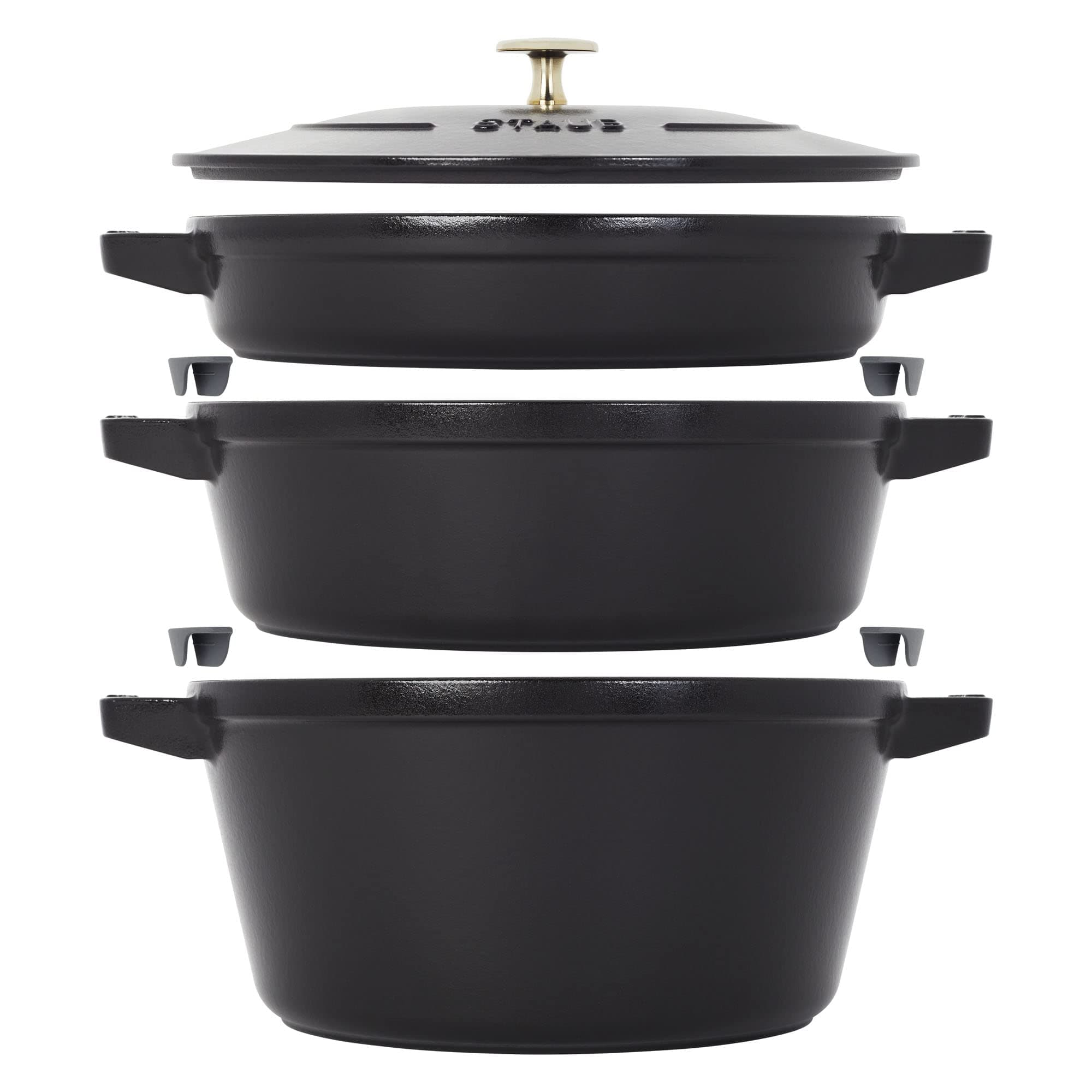 STAUBCast Iron Set 4 pc, Stackable Space Saving Cookware Set, Dutch Oven, Cast Iron Skillet, Cast Iron Grill Pan with Universal Lid, Made in France, Matte Black, 14552623, Staub Stackable