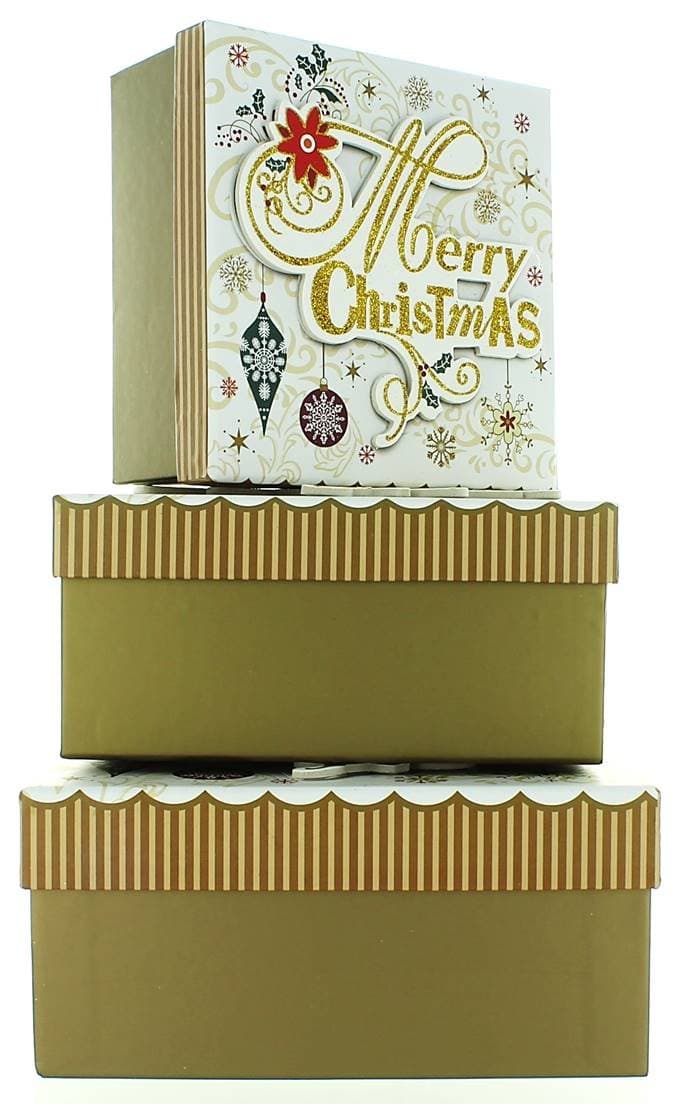 Tulip Studio Set Of 3 Medium Christmas Square Nested Gift Boxes - Modern Gold Xmas Snowflakes