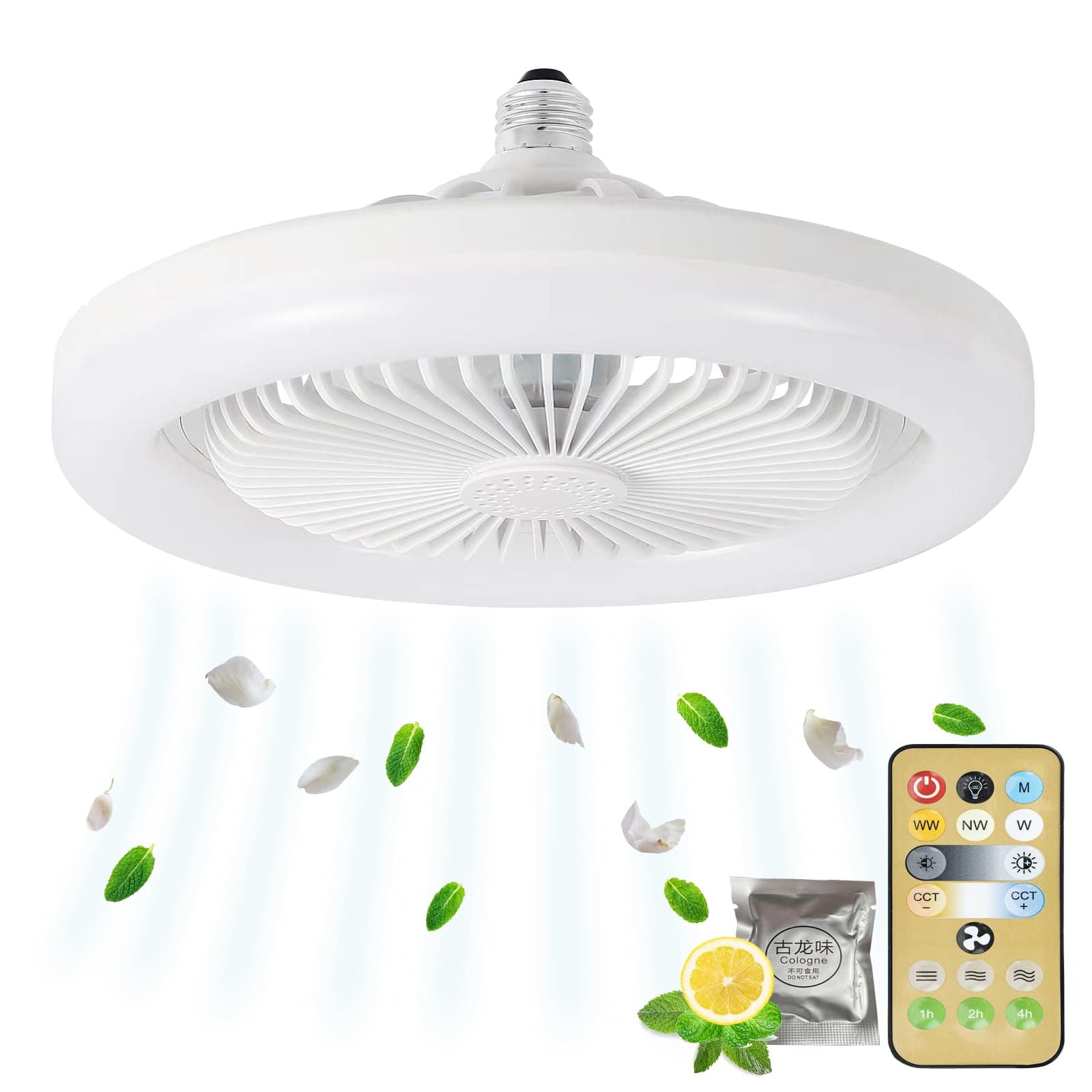 Enclosed Screw-in Ceiling Fan Light, 10 in E26 Base Remote Controlled Led Light Fan, Memory Function, 3 Speeds Choices, with a Scent Vent (One Fragrant Tablet Contained)