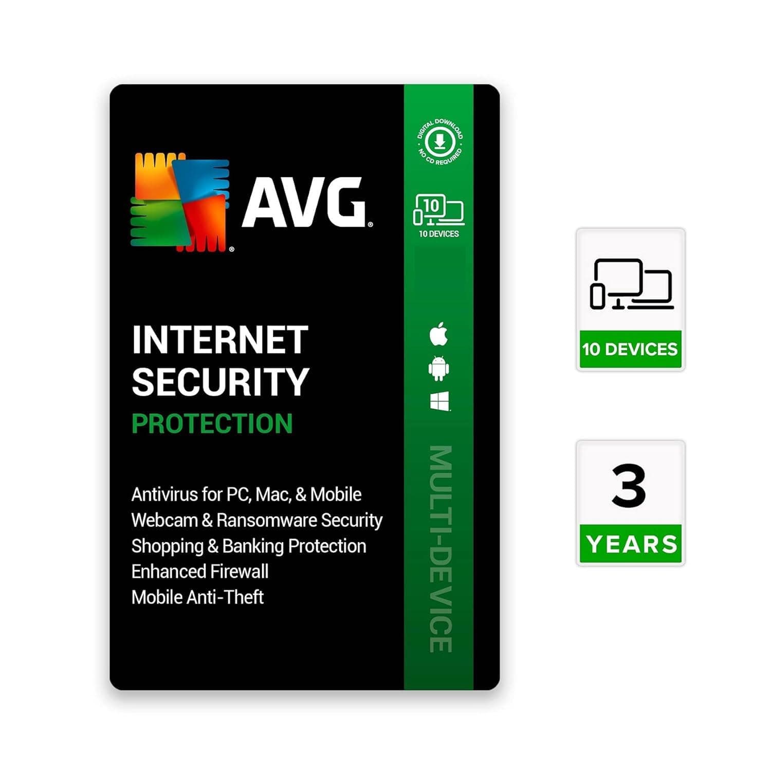 AVG Internet Security | 10 Devices 3 Years | Windows PC, Mac, Android & iOS | Includes Antivirus, Ransomware protection, Firewall & much more | Email Delivery in 2 Hours