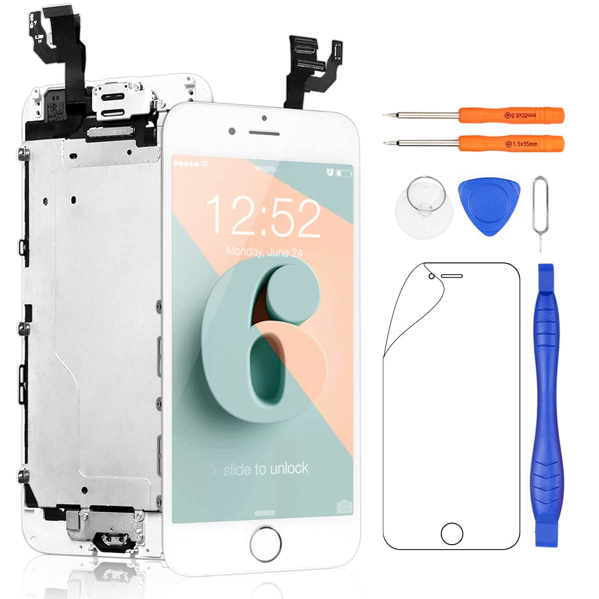 Yodoit for iPhone 6 Screen Replacement White With Home Button, Front Camera, Earpiece Speaker, LCD Display Touch Digitizer Assembly + Repair Tool, Screen Protector