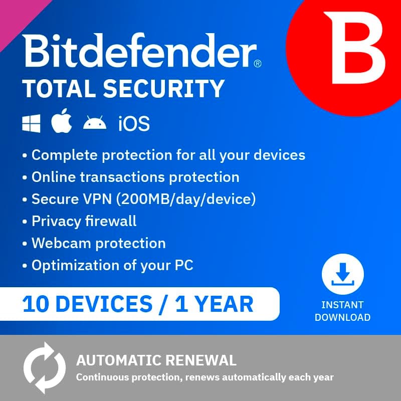Bitdefender Total Security| 10 Devices | 1 Year | PC/Mac/iOS/Android | Activation Code by Email | Automatic Renewal