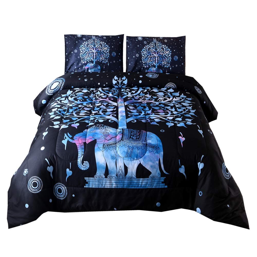 NTBED Bohemian Comforter Set Queen Elephant Tree Printed Bed Comforter, Lightweight Boho Mandala Exotic Soft Microfiber Bedding Quilt Sets Blue 3 Pieces(1 Comforter+2 Pillowcases)