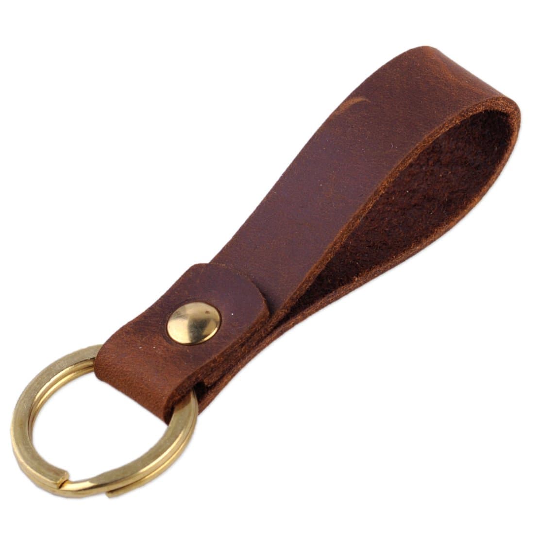 Brown & Gold Leather Strap Copper Loop Key Chain Ring Keychain Keyring Waistband Accessories