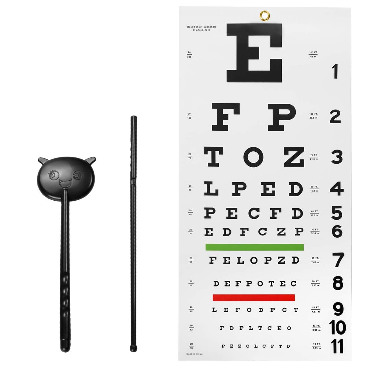 Snellen Eye Chart Wall Chart, 3 Piece Set (Hand Pointer, Eye Occluder, Chart) for Optometrists, Students, Offices, Schools