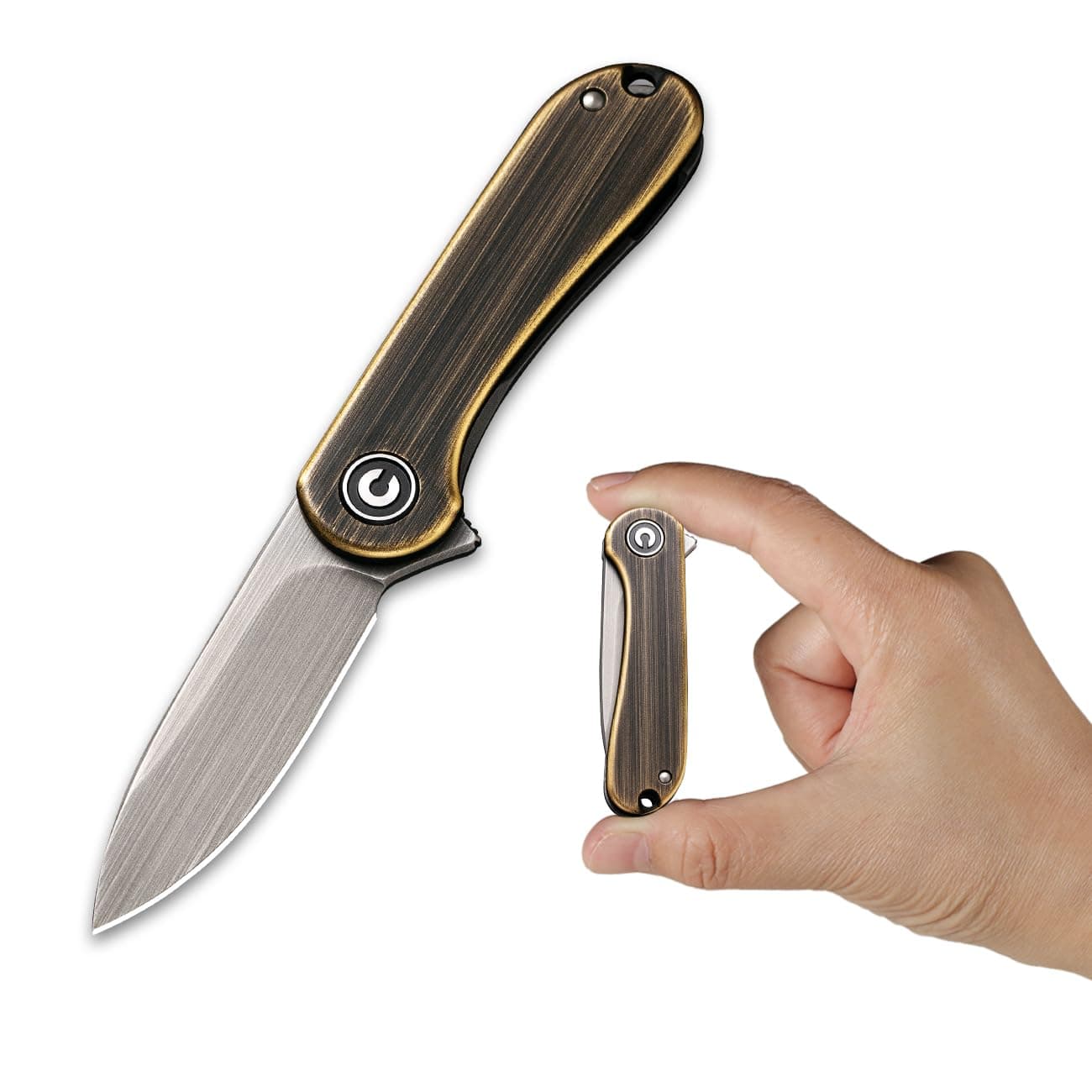 Mini Elementum Flipper Pocket Knife, Small folding Knife with 1.83" 14C28N Blade, Brass and Stainless Steel Handle C18062Q-1
