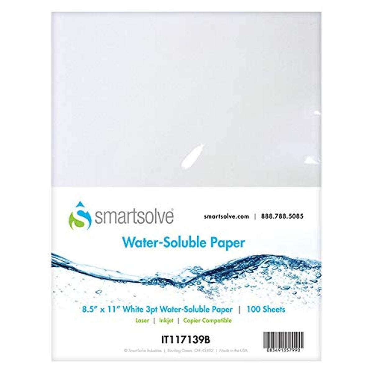 SmartSolve 3 pt. Water-Soluble Paper, White, IT117139B, Dissolves Quickly in Water, Biodegradable, Printer Compatible, Crafts, Drawing, Notes, Letter Size, 8.5” x 11”, Pack of 100 Sheets