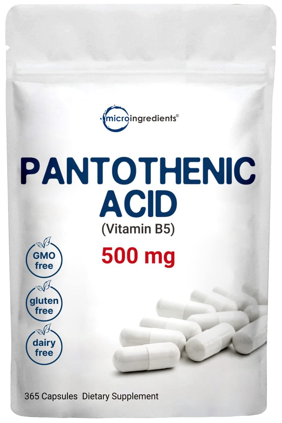 Pantothenic Acid Vitamin B5 Supplement, Vitamin B5 500mg Per Count, 365 Capsules (1 Year Supply), B-Complex Vitamin, Support Energy Production and Nervous System, Non-GMO