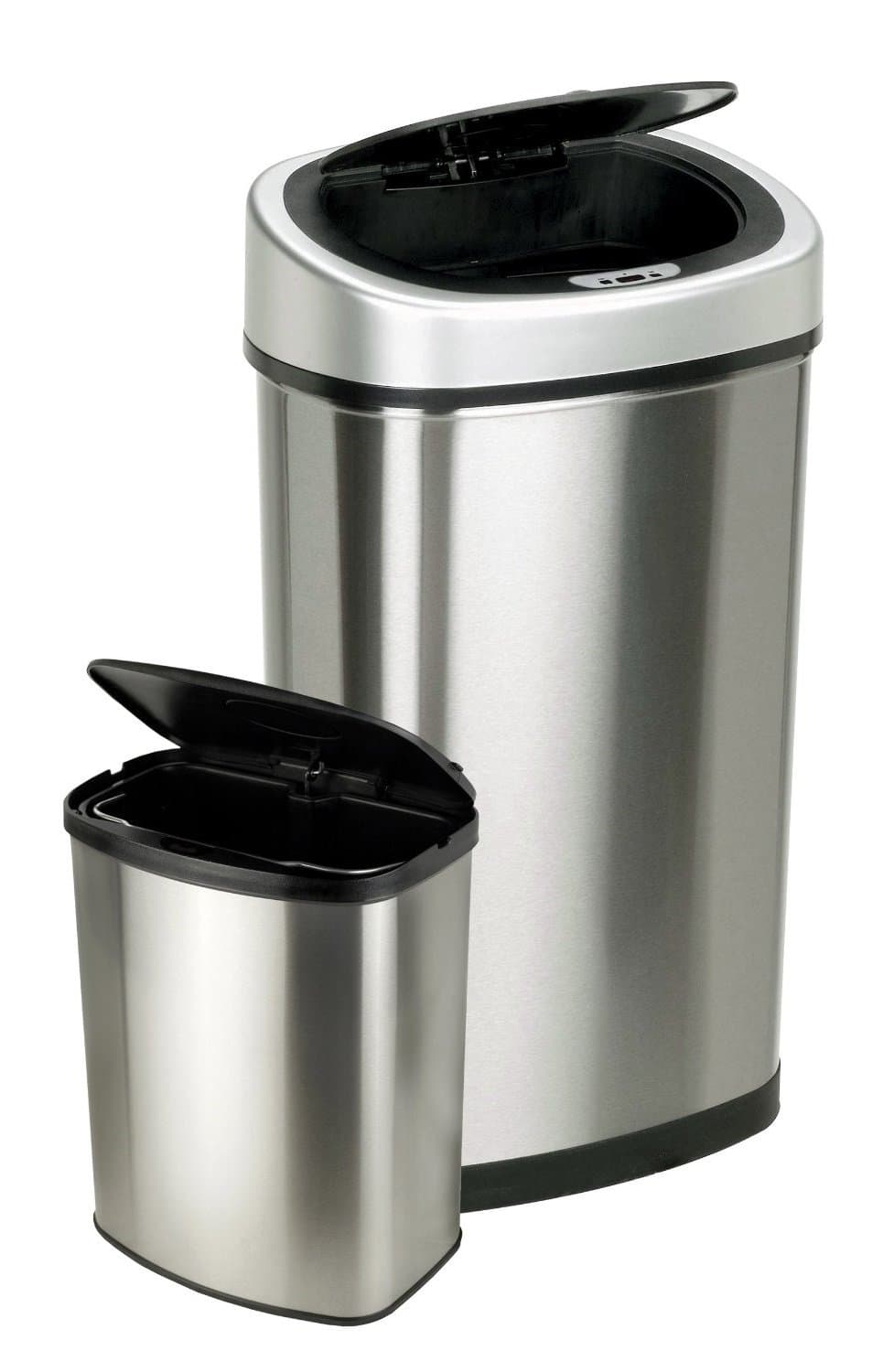 NINESTARS CB-DZT-50-98-1C Automatic Touchless Motion Sensor Oval & Rectangular Trash Can Combo Set, 13.2 Gal. 50 L. & 2.1 Gal.8 L., Stainless Steel