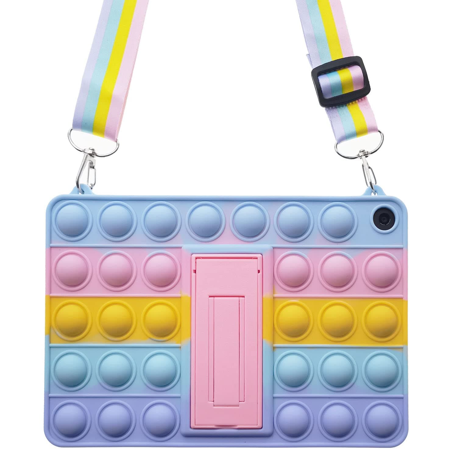 iZi WayPop It Tablet Case for Amazon Fire HD 10 10.1" Kids (9th & 7th Generation, 2019 / 2017 Release) , Fidget Toy Popit Poppet Push Bubble Wrap Cute Silicone Cover Stand Lanyard - Rainbow