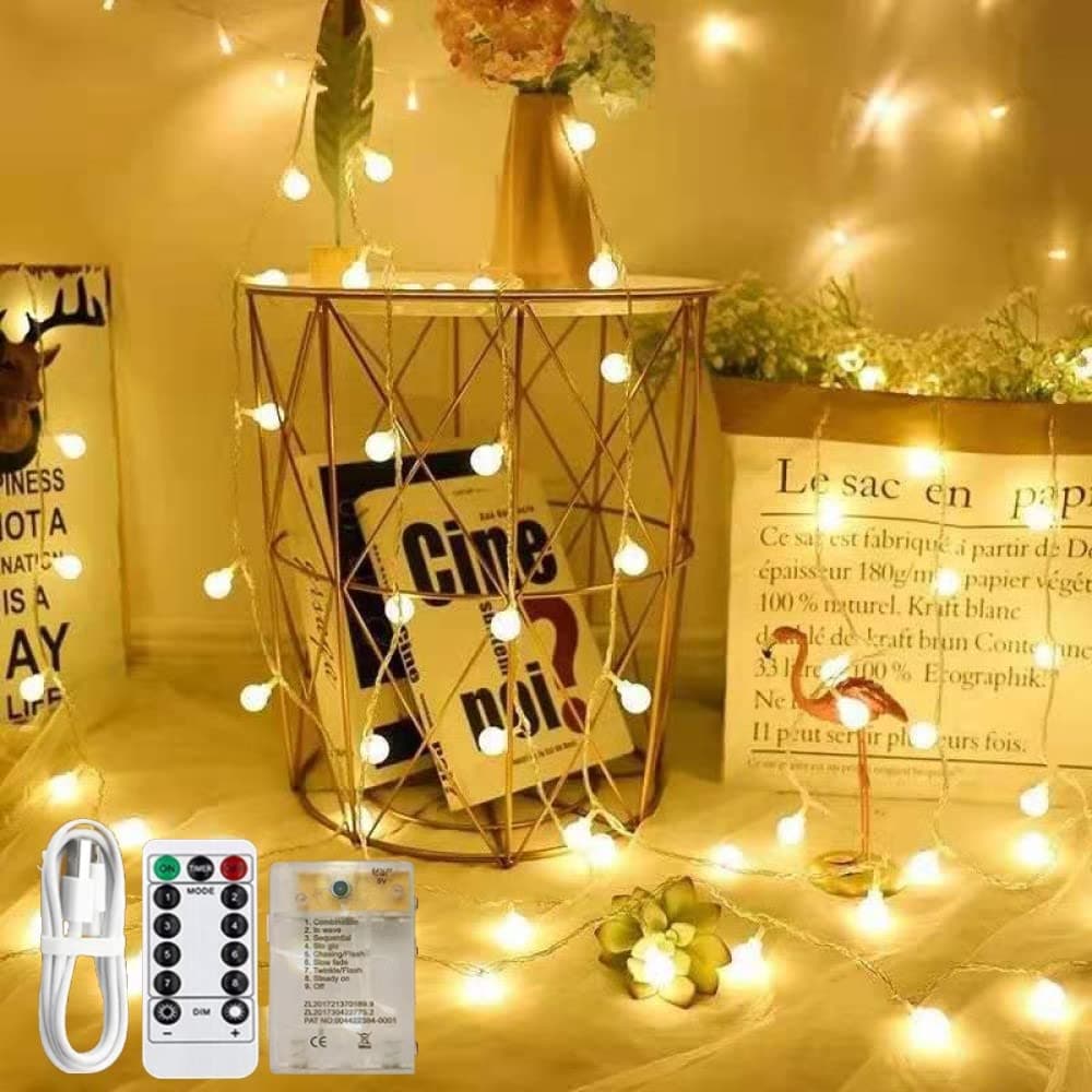 Globe String Lights, Battery and USB Operated 33 FT 80 LED White Ball String Lights 8 Modes With Remote Control,Indoor Outdoor LED Fairy Lights for Home, Garden, Festivals, Party