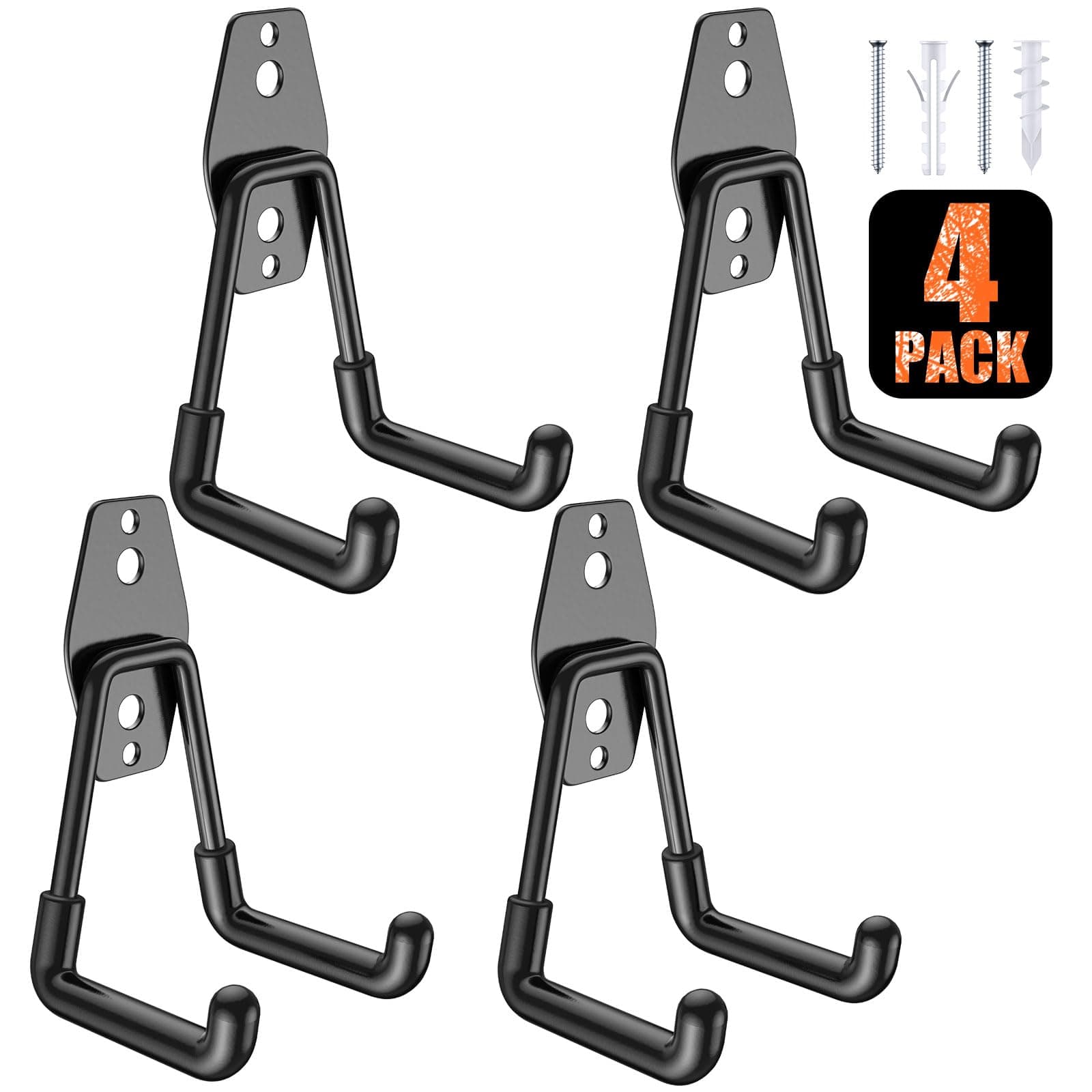 4 Pack Heavy Duty Garage Hooks,Solid Steel Wall Mount Hangers,with Anti-Slip Coating,for Hanging and Organising Ladder,Bike,Ropes,Broom,Garden,Yard and Power Tools(4.5x2.75 inch)