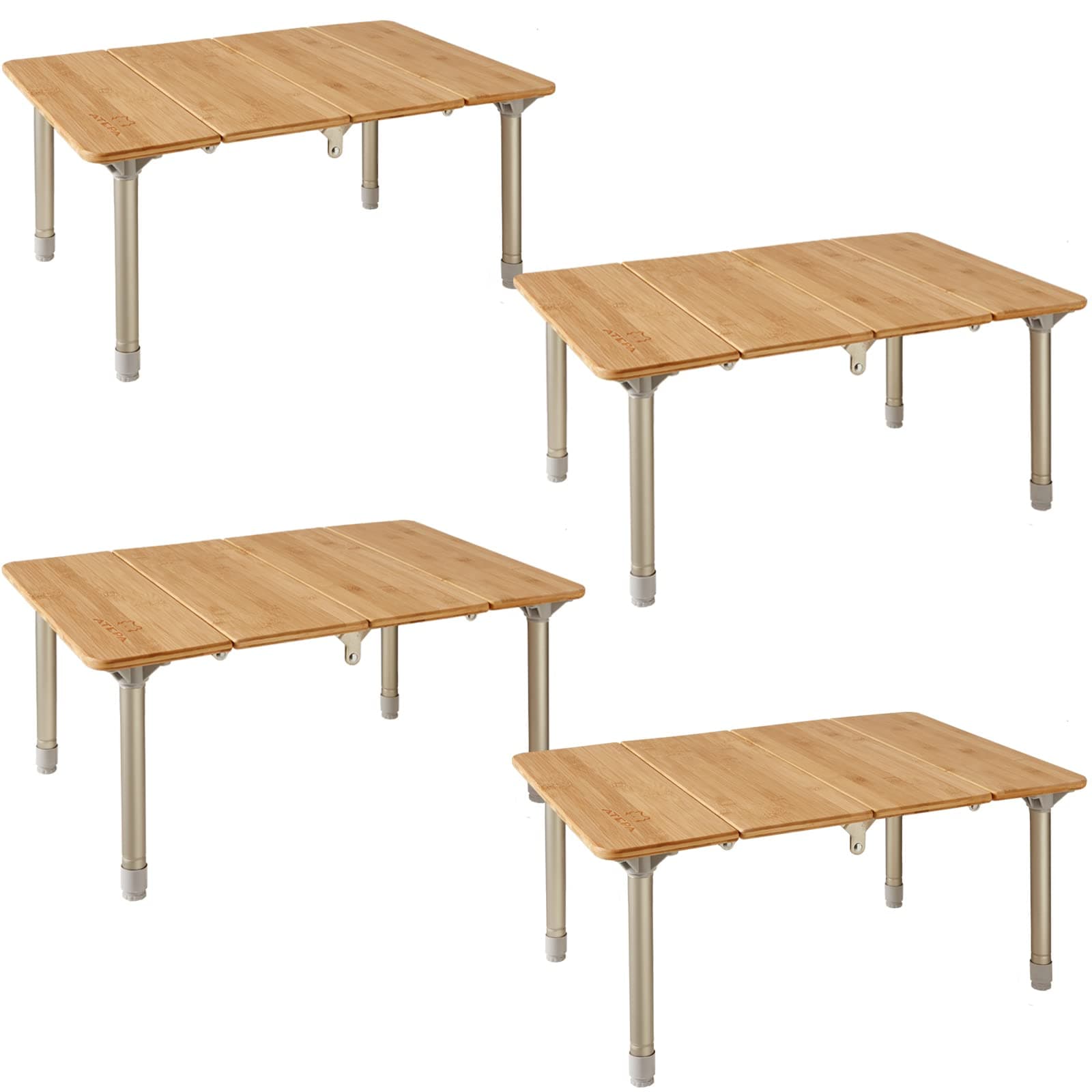 ATEPA Set Height Adjustable Bamboo Small Portable Folding Table Compact Lightweight Collapsible for Outdoor Camp, Travel, Beach Side, Picnic, Dining, 23.6" D x 15.7" W x 15.7" H, Yellow_4 Packs
